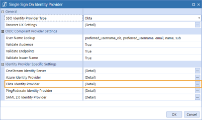 The Single Sign On Identity Provider dialog box has a grid with row headings that have a blue background with blue text and can be expanded to display fields with a white background and black text. In this example, in the Identity Provider Specific Settings section, Okta Identity Provider is highlighted.